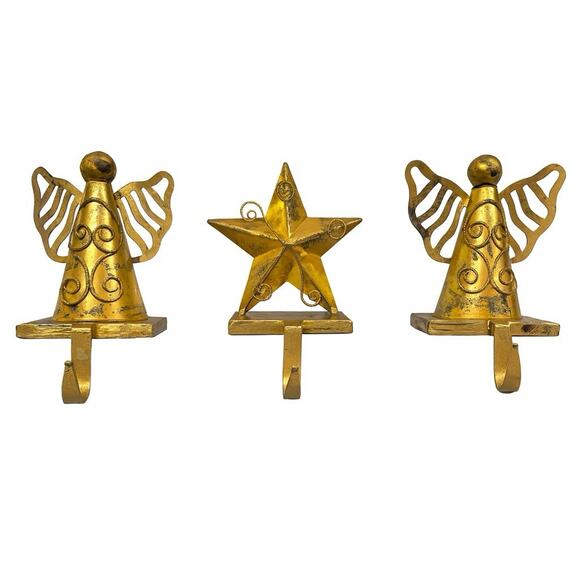 Vintage Gold Metal Stocking Holders Lot of 3 Angels & Star Mantel Hooks Rustic - Picture 11 of 11